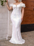 Woochic robe cocktail grande taille  manches bouffantes paillettes party blanc 0XL