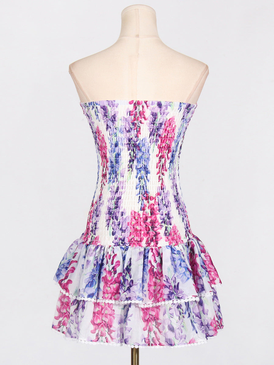 Woochic robe cocktail imprimé broderie bustier à doubles volants