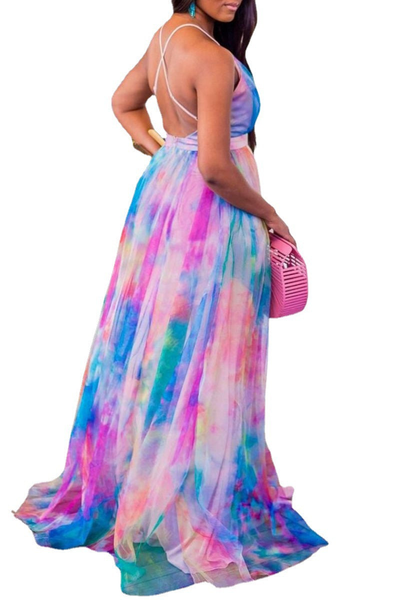 Woochic robe cocktail imprimée à bretelles en tulle à ourlet et à col en V