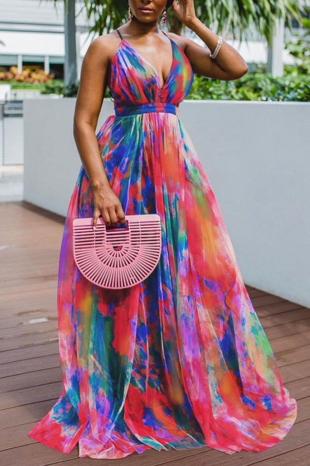 Woochic robe cocktail imprimée à bretelles en tulle à ourlet et à col en V rose 1 1XL