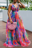 Woochic robe cocktail imprimée à bretelles en tulle à ourlet et à col en V rose 1 1XL