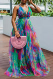 Woochic robe cocktail imprimée à bretelles en tulle à ourlet et à col en V vert 1XL