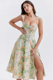 Woochic robe cocktail imprimée à bretelles fendue vert 8 S