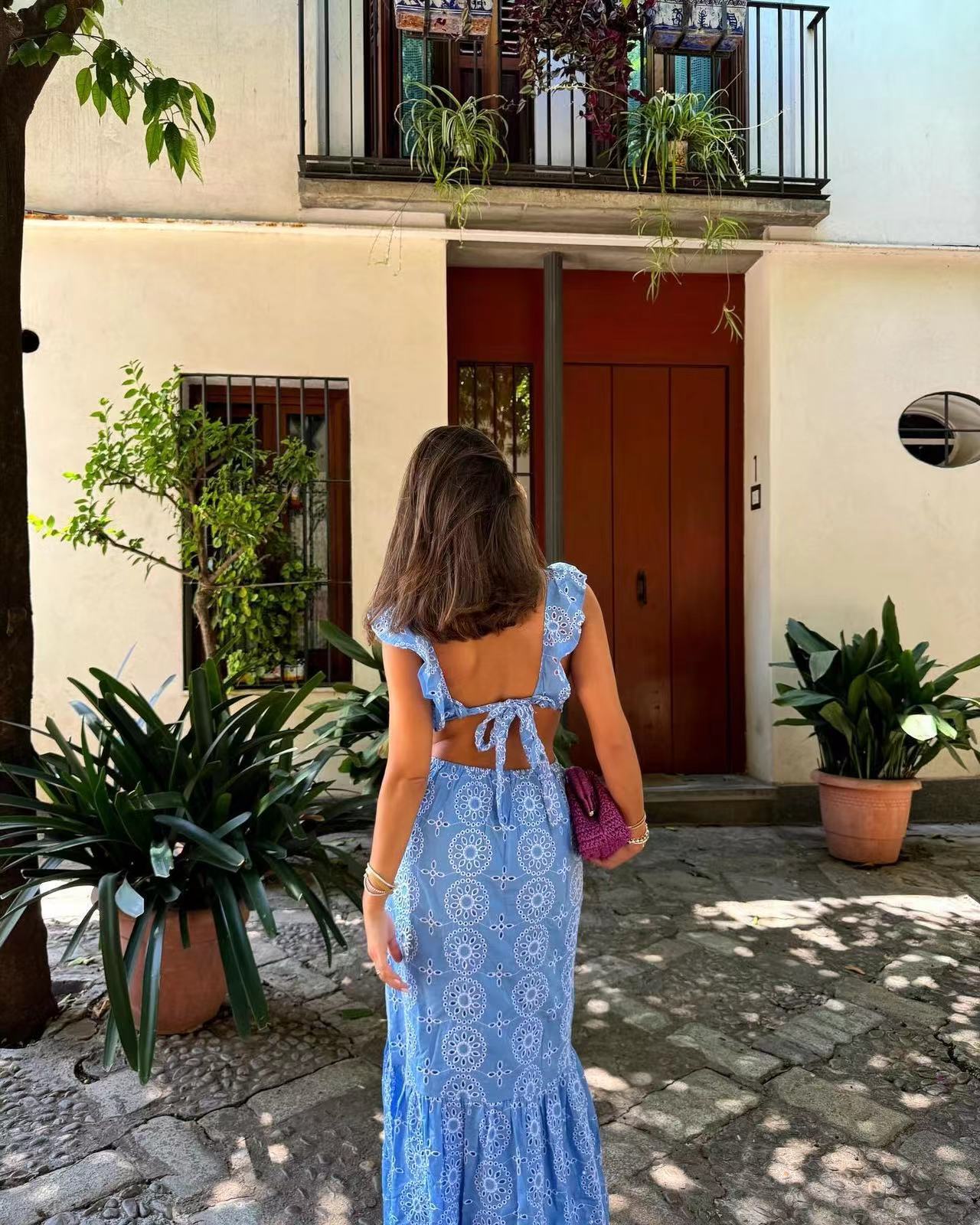 Woochic robe cocktail imprimée col en V dos nu dentelle taille haute