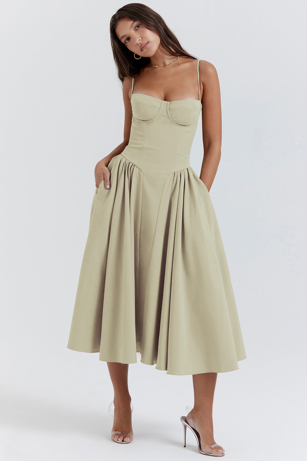 Woochic robe cocktail imprimée folrale à bretelles cintrée vert 8 S
