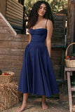 Woochic robe cocktail imprimée folrale à bretelles cintrée bleu marine 1 S