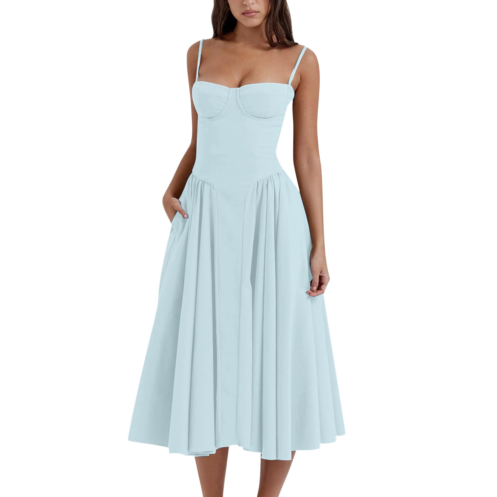 Woochic robe cocktail imprimée folrale à bretelles cintrée bleu S