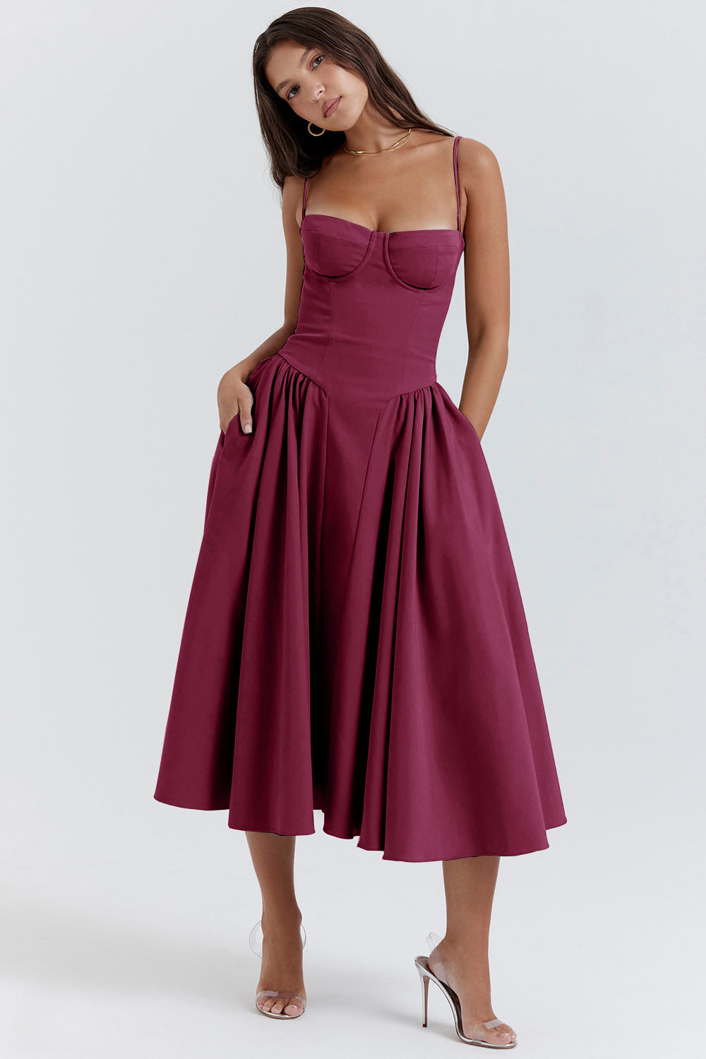 Woochic robe cocktail imprimée folrale à bretelles cintrée rose1 S