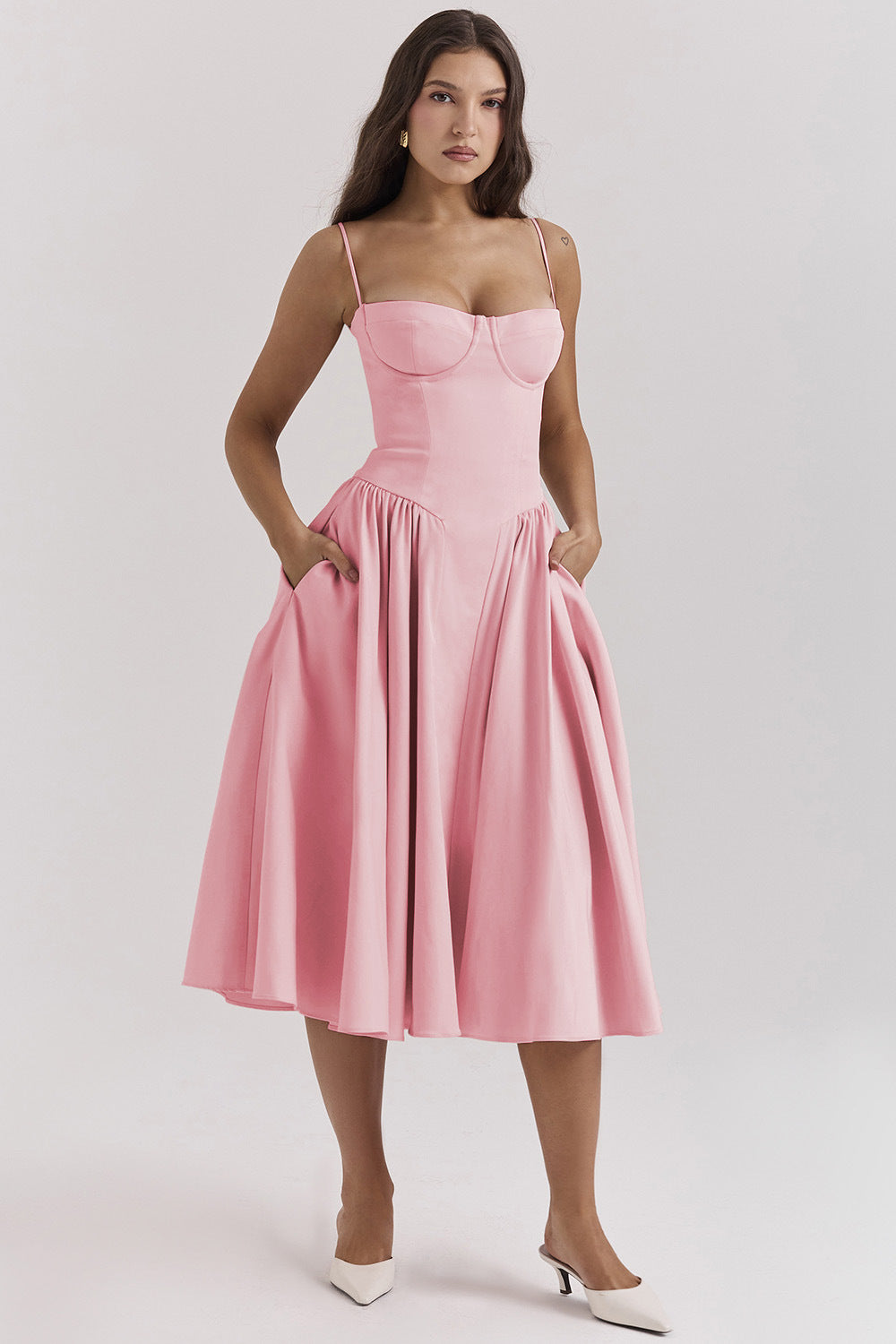Woochic robe cocktail imprimée folrale à bretelles cintrée rose S