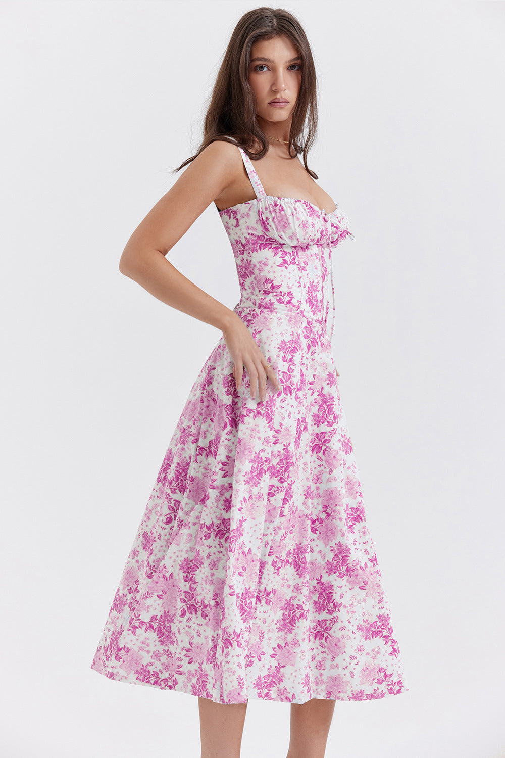 Woochic robe cocktail imprimée trapèze à bretelles fendue cintrée rose2 S