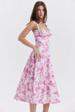 Woochic robe cocktail imprimée trapèze à bretelles fendue cintrée rose2 S