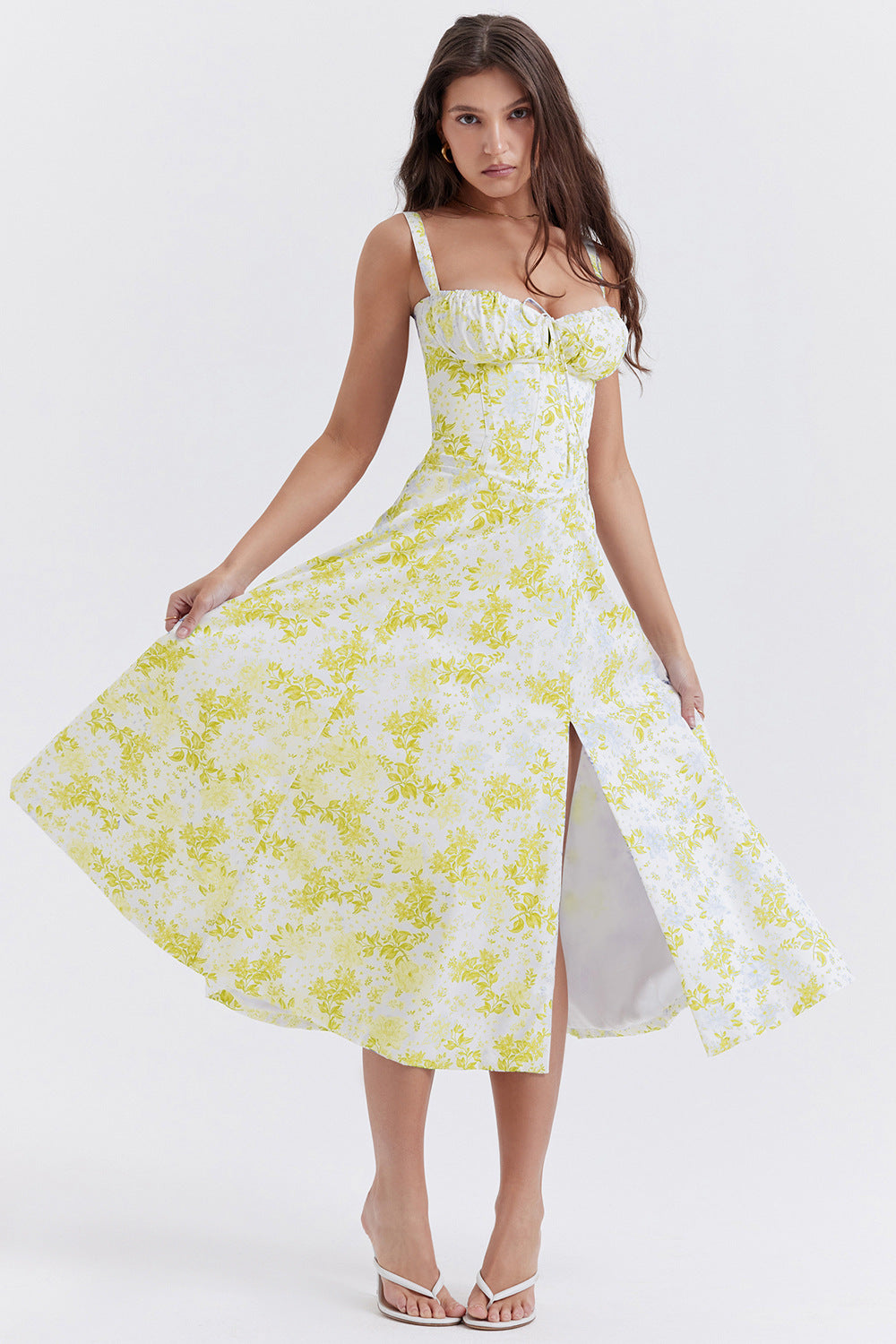 Woochic robe cocktail imprimée trapèze à bretelles fendue cintrée jaune 1 S