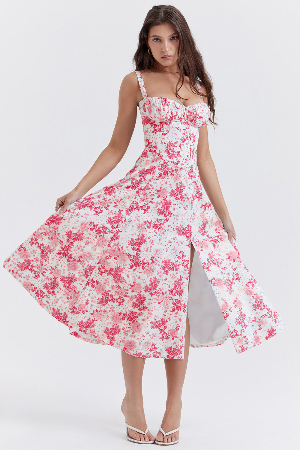 Woochic robe cocktail imprimée trapèze à bretelles fendue cintrée rose 3 S