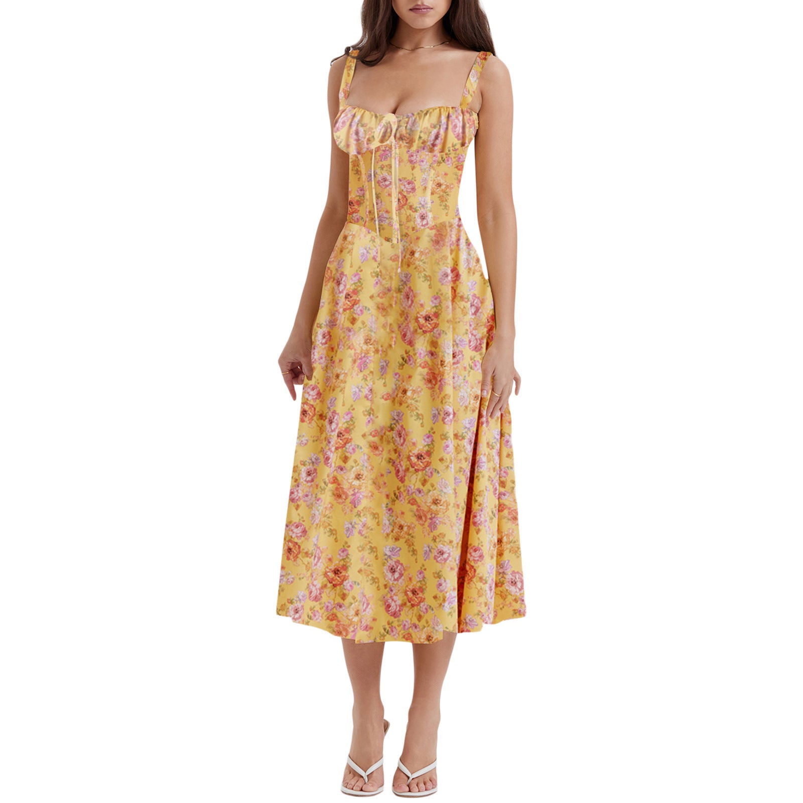 Woochic robe cocktail imprimée trapèze à bretelles fendue orange 1 S