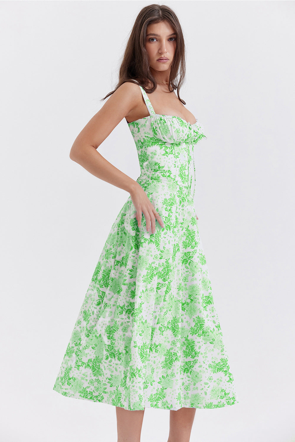 Woochic robe cocktail imprimée trapèze à bretelles fendue cintrée vert 3 S