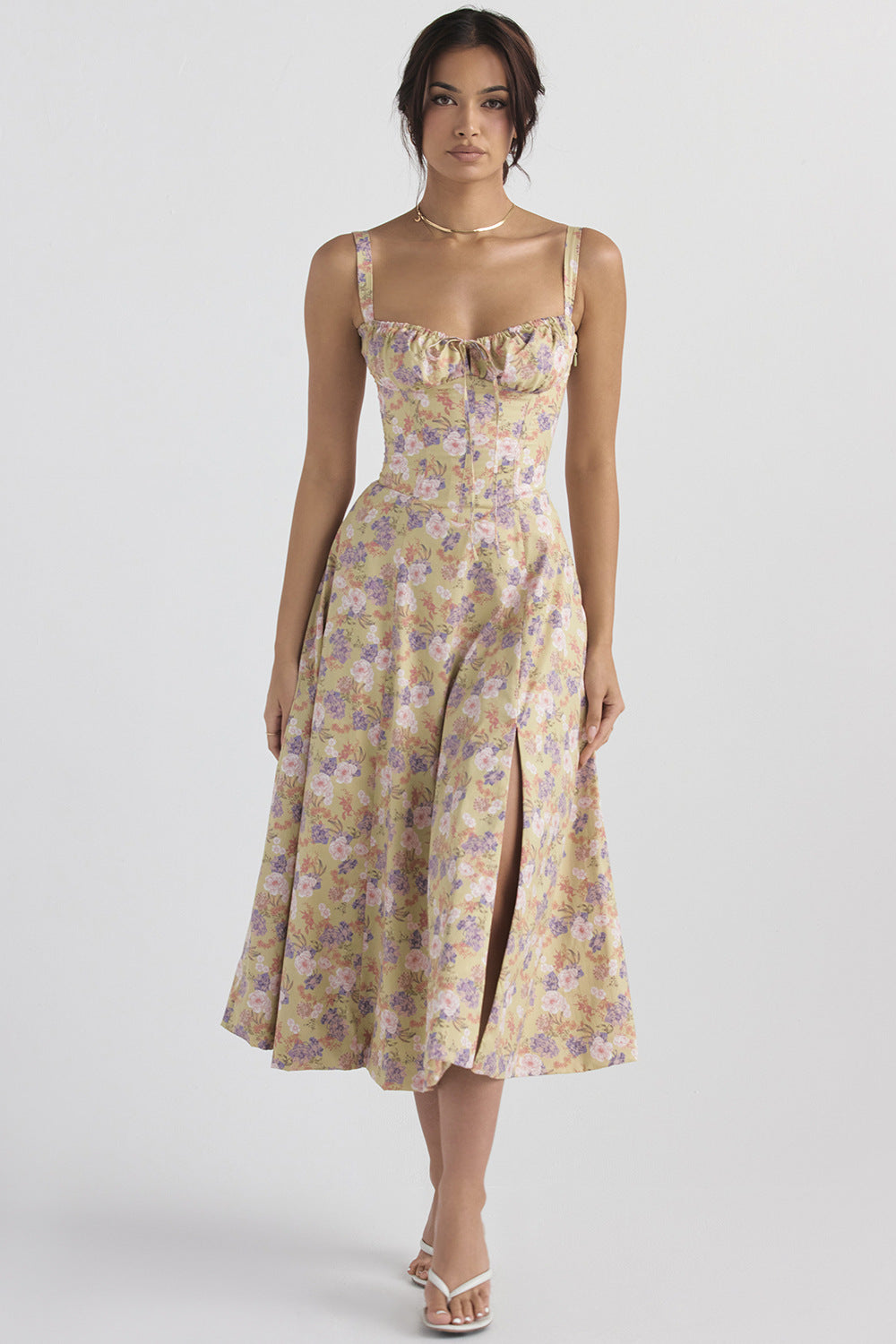 Woochic robe cocktail imprimée trapèze à bretelles fendue jaune 2 S