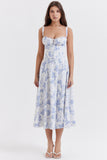 Woochic robe cocktail imprimée trapèze à bretelles fendue bleu 4 S