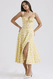 Woochic robe cocktail imprimée trapèze à bretelles fendue cintrée jaune S
