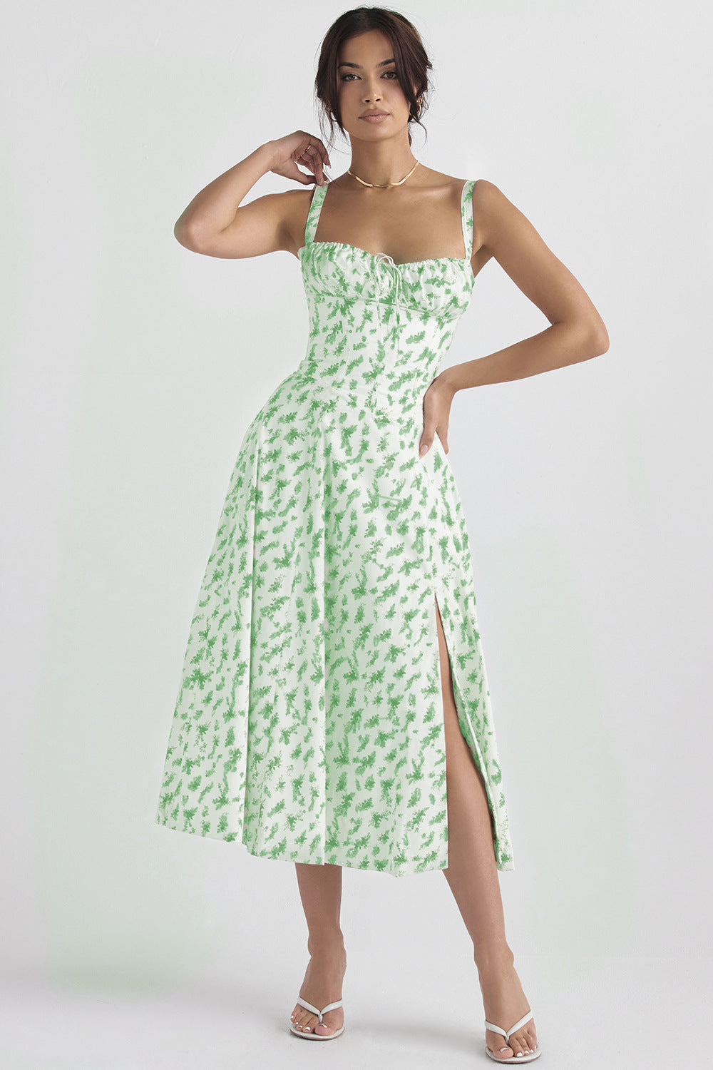 Woochic robe cocktail imprimée trapèze à bretelles fendue cintrée vert 4 S