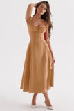 Woochic robe cocktail longue trapèze à bretelles fendue cintrée caramel S