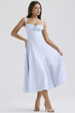 Woochic robe cocktail longue trapèze à bretelles fendue cintrée bleu clair S
