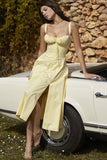 Woochic robe cocktail longue trapèze à bretelles fendue cintrée jaune clair S
