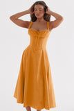 Woochic robe cocktail longue trapèze à bretelles fendue cintrée orange 1 S