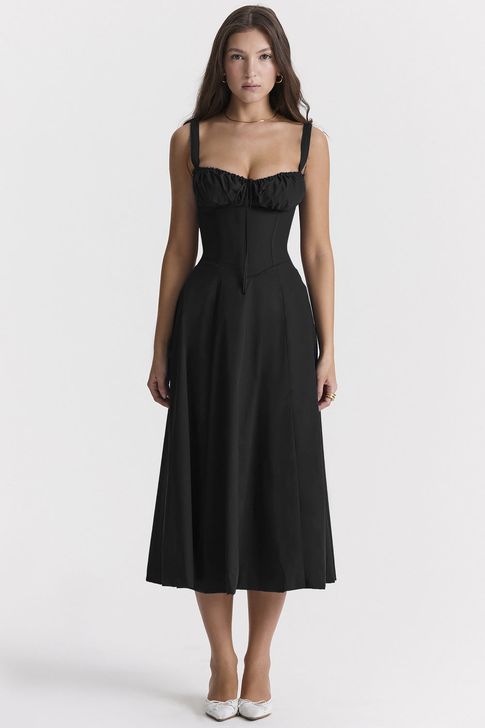Woochic robe cocktail longue trapèze à bretelles fendue cintrée noir S