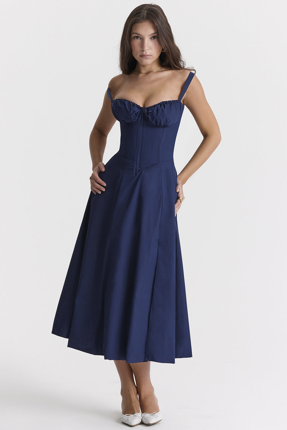 Woochic robe cocktail longue trapèze à bretelles fendue cintrée bleu marine 2 S