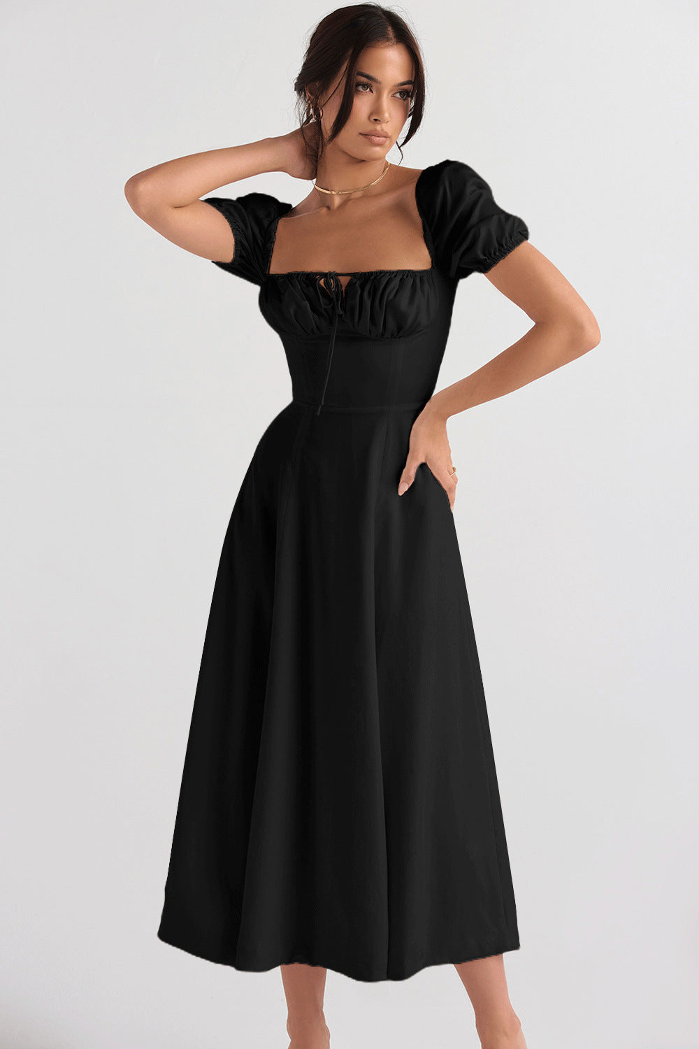 Woochic robe cocktail longue trapèze fendue cintrée noir 1 S