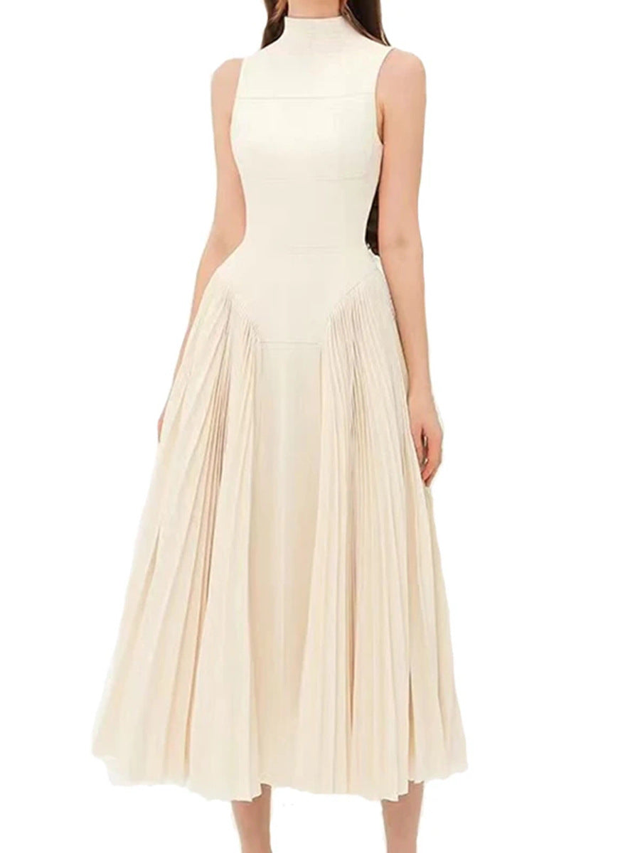 Woochic robe cocktail plissé et couture taille haute,longue abricot S