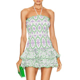 Woochic robe cocktail trapèze bustier épaules dénudées broderie,courte vert S