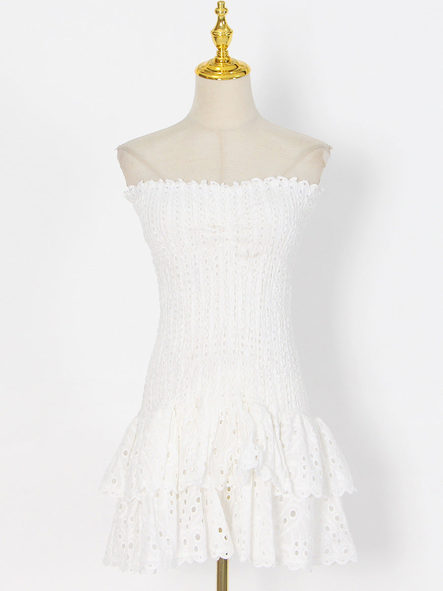 Woochic robe cocktail trapèze bustier épaules dénudées broderie,courte blanc S