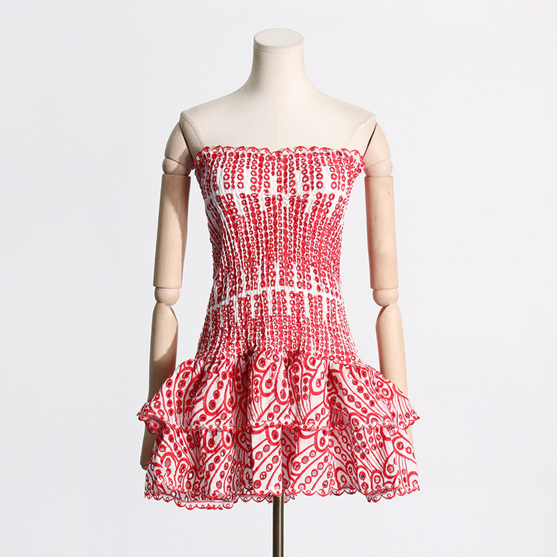 Woochic robe cocktail trapèze bustier épaules dénudées broderie,courte rouge vineux S