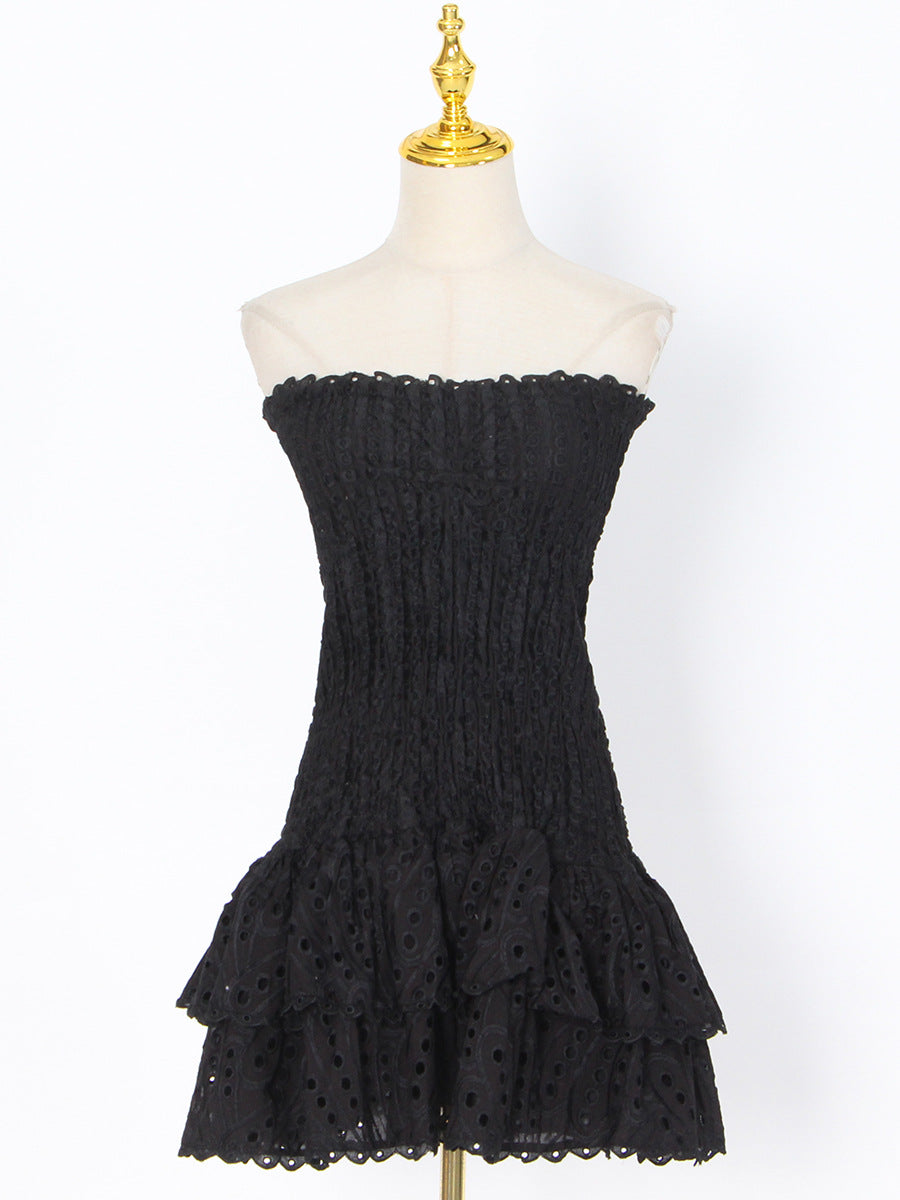 Woochic robe cocktail trapèze bustier épaules dénudées broderie,courte noir S
