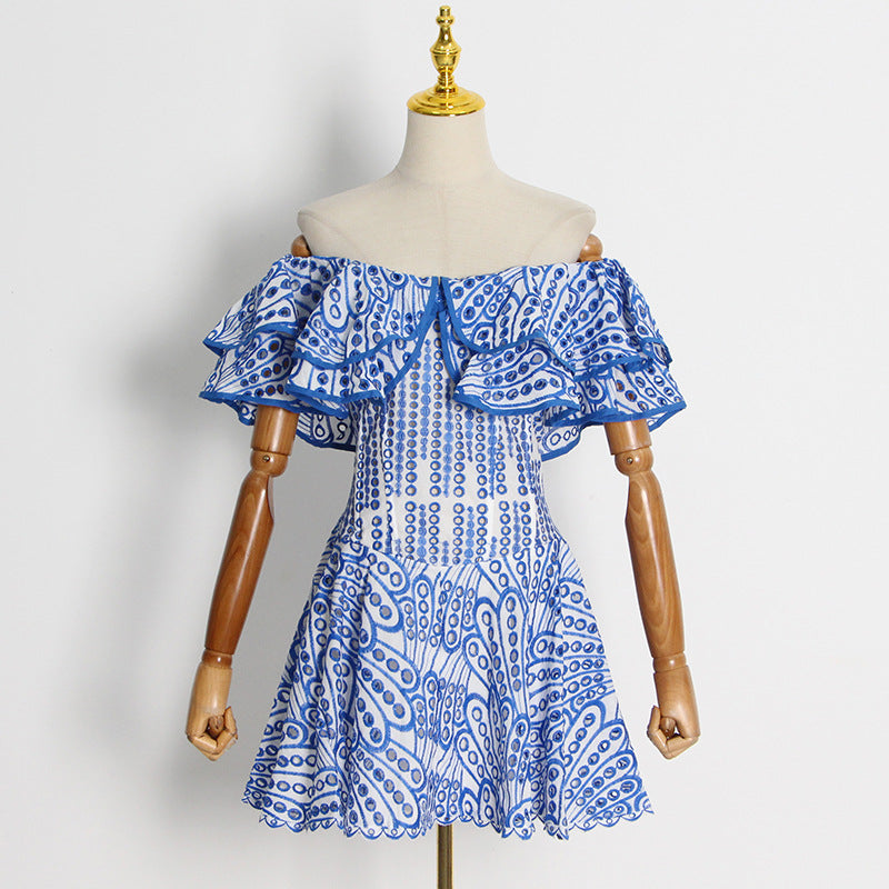Woochic robe courte  brodée col bateau à manches bouffantes et découpe bleu S