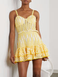 Woochic robe courte col en V bretelles brodées à volants taille haute jaune S