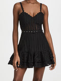 Woochic robe courte col en V bretelles brodées à volants taille haute noir S