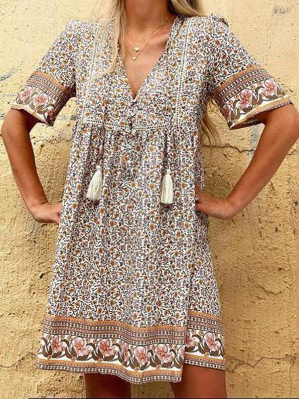 Woochic robe courte imprimé fleurie v-cou manches courtes bohème été marron Marron S