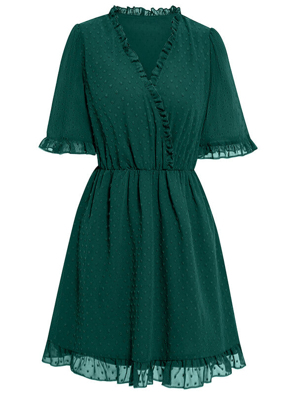 Woochic robe courte trapèze à pois à volantée v-cou manches courtes mode