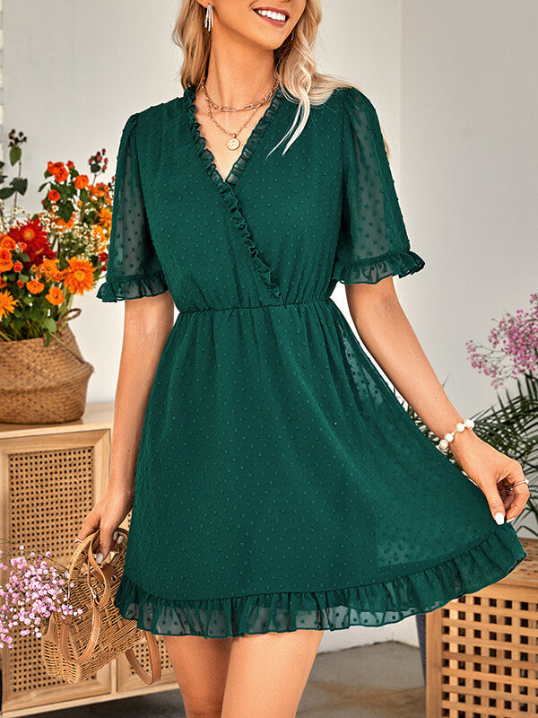 Woochic robe courte trapèze à pois à volantée v-cou manches courtes mode