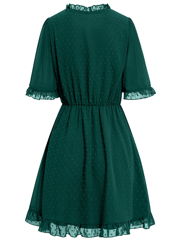 Woochic robe courte trapèze à pois à volantée v-cou manches courtes mode