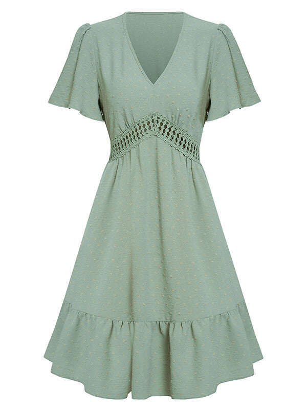 Woochic robe courte trapèze à pois à volantée v-cou manches courtes mode