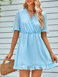 Woochic robe courte trapèze à pois à volantée v-cou manches courtes mode Bleu S