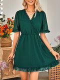 Woochic robe courte trapèze à pois à volantée v-cou manches courtes mode Vert S