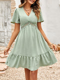 Woochic robe courte trapèze à pois à volantée v-cou manches courtes mode Vert S