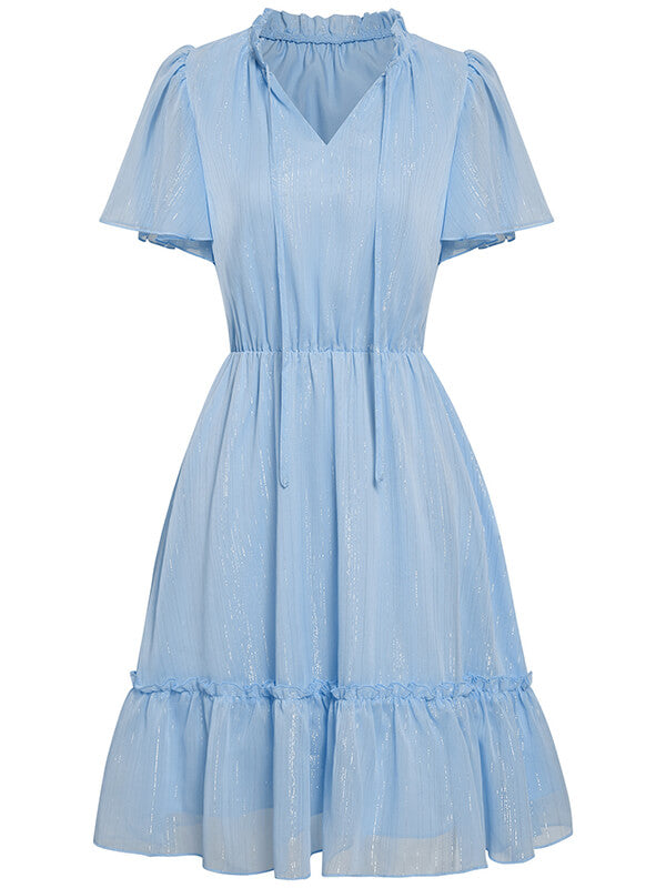 Woochic robe courte trapèze à volantée strappy v-cou manches courtes mode doux