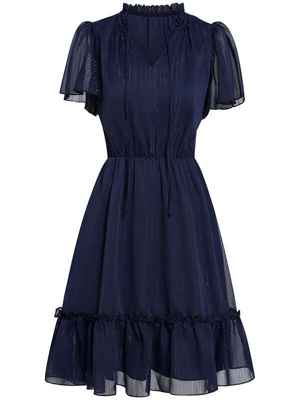 Woochic robe courte trapèze à volantée strappy v-cou manches courtes mode doux