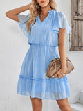 Woochic robe courte trapèze à volantée strappy v-cou manches courtes mode doux Bleu S