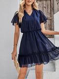 Woochic robe courte trapèze à volantée strappy v-cou manches courtes mode doux